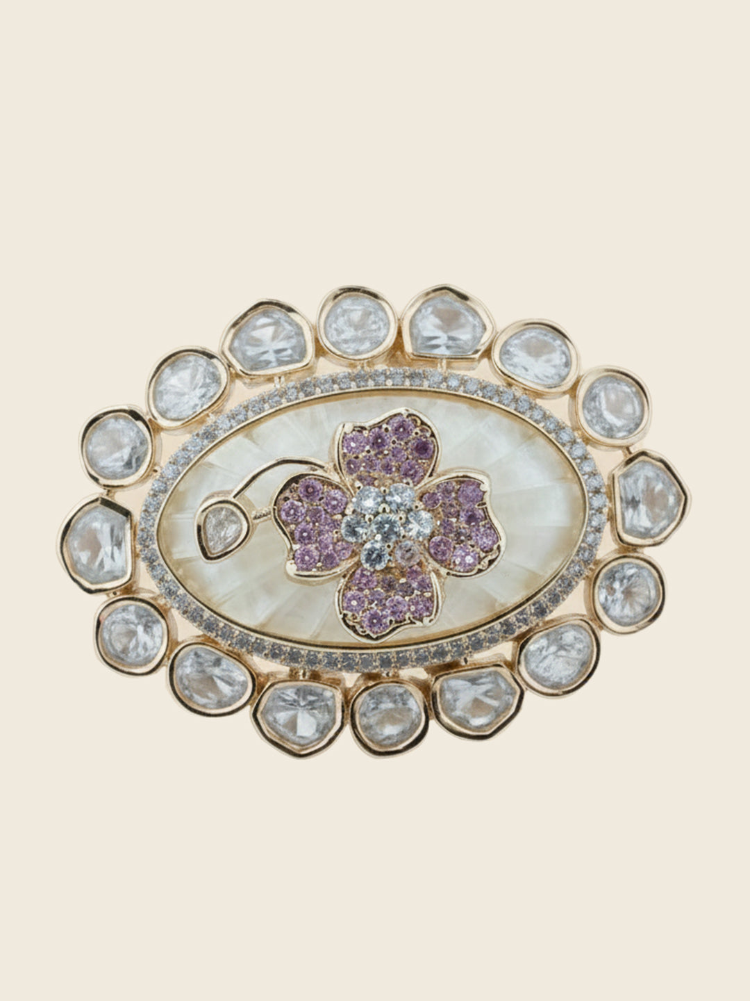 Aanura Gold-Plated Floral Oval Ring with Stones