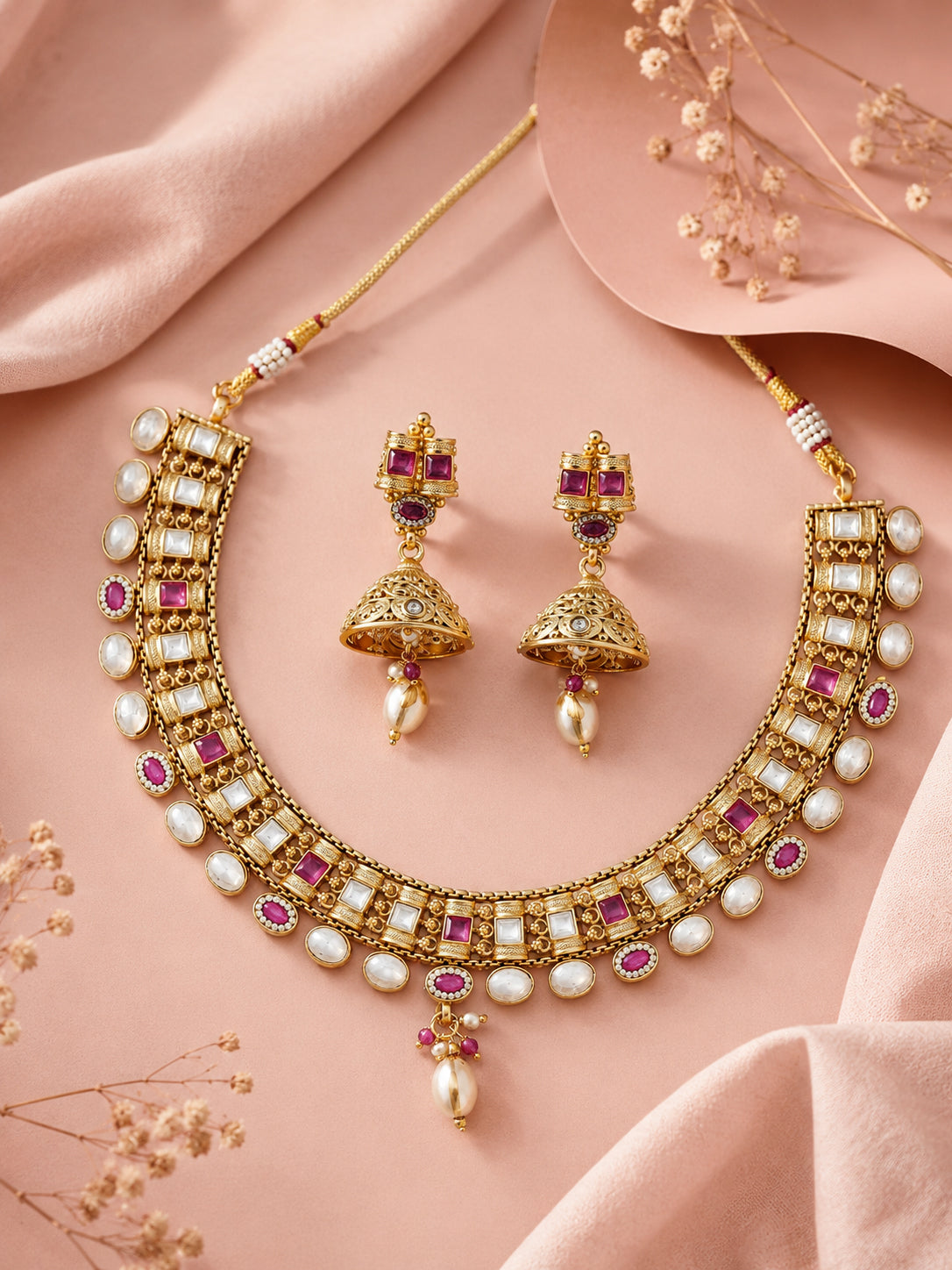 Classic Kundan Pearl Drop Necklace with Matching Earrings
