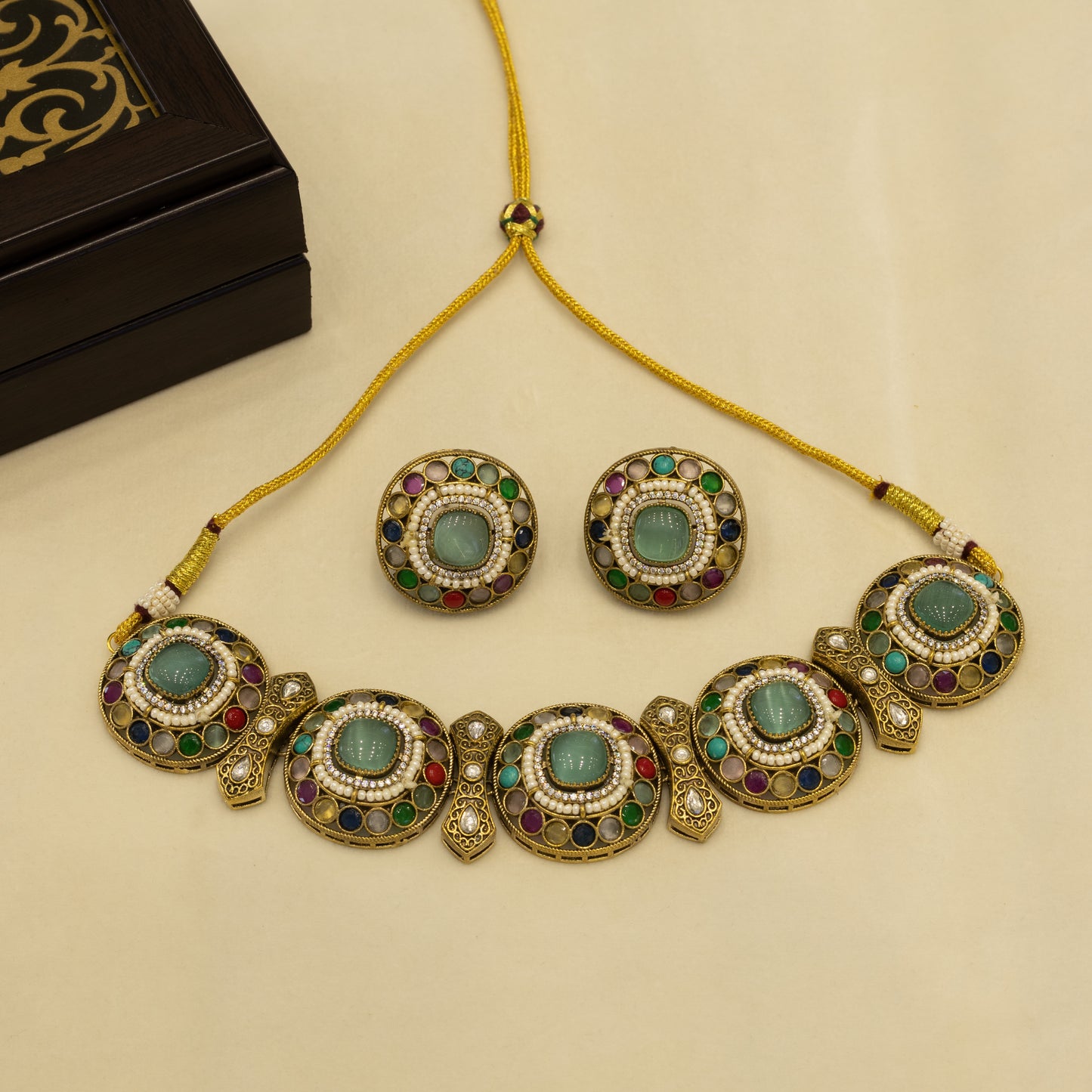 Aanura Navratna Choker Necklace with Green Center Stones