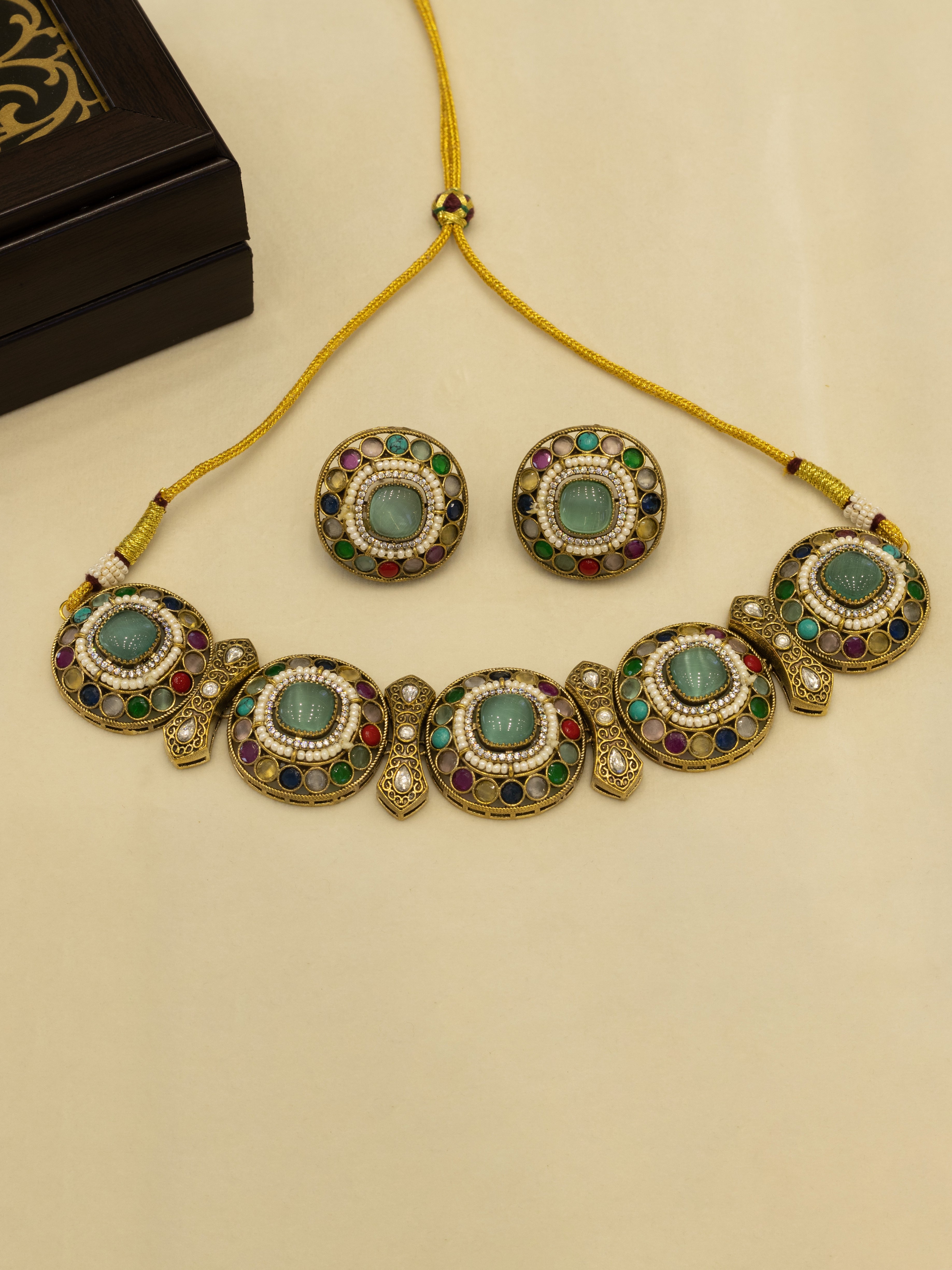 Aanura Navratna Choker Necklace with Green Center Stones
