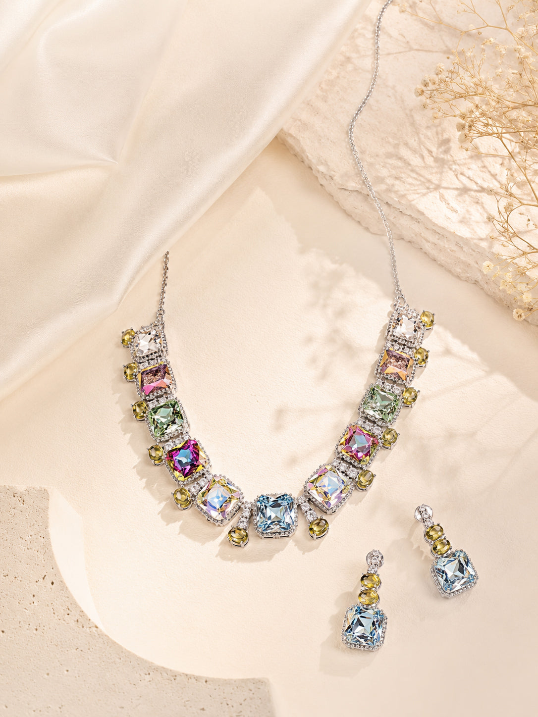 Aanura Multicolor Square Crystal Necklace Set Stainless