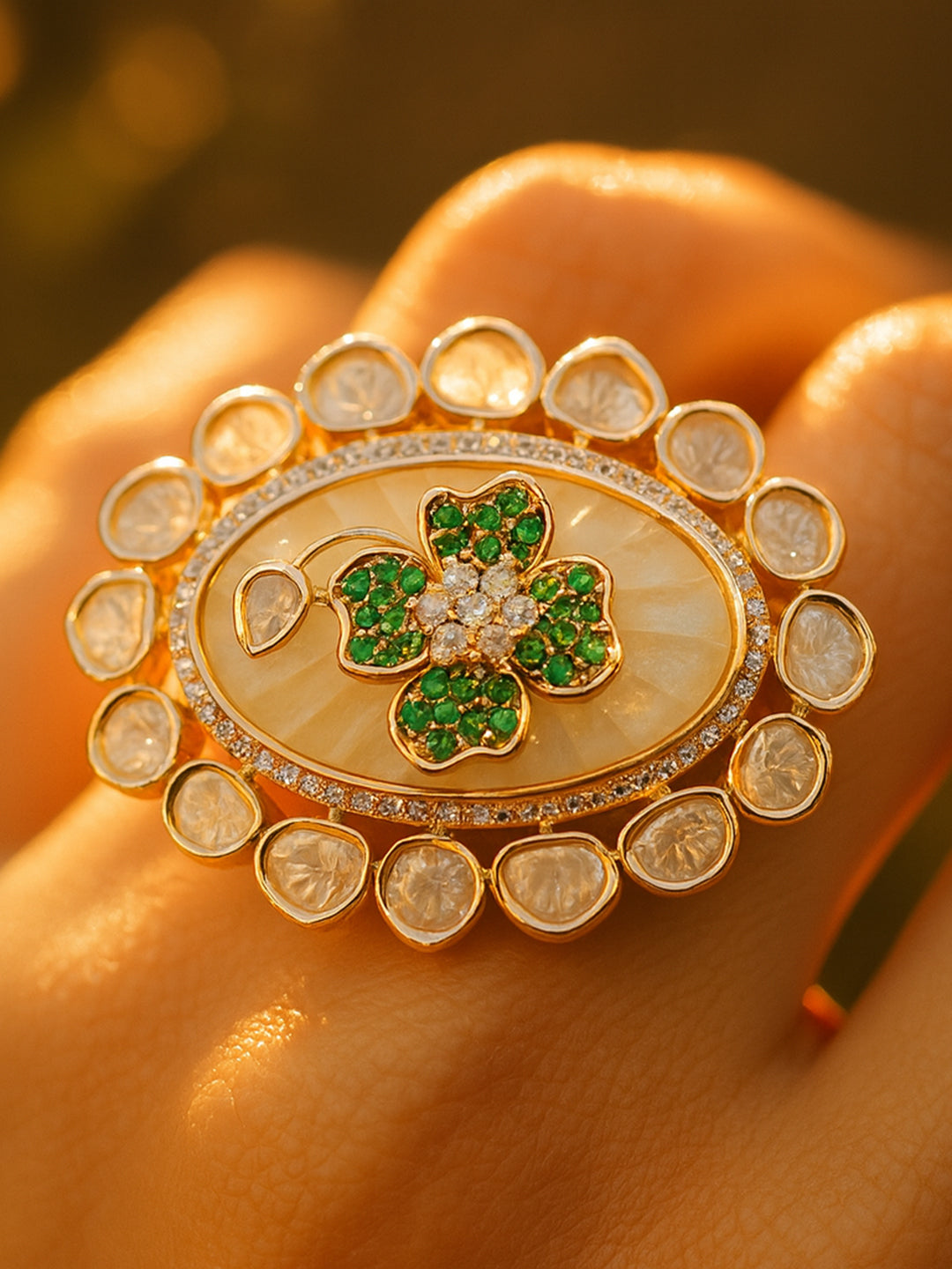 Aanura Gold-Plated Floral Oval Ring with Stones