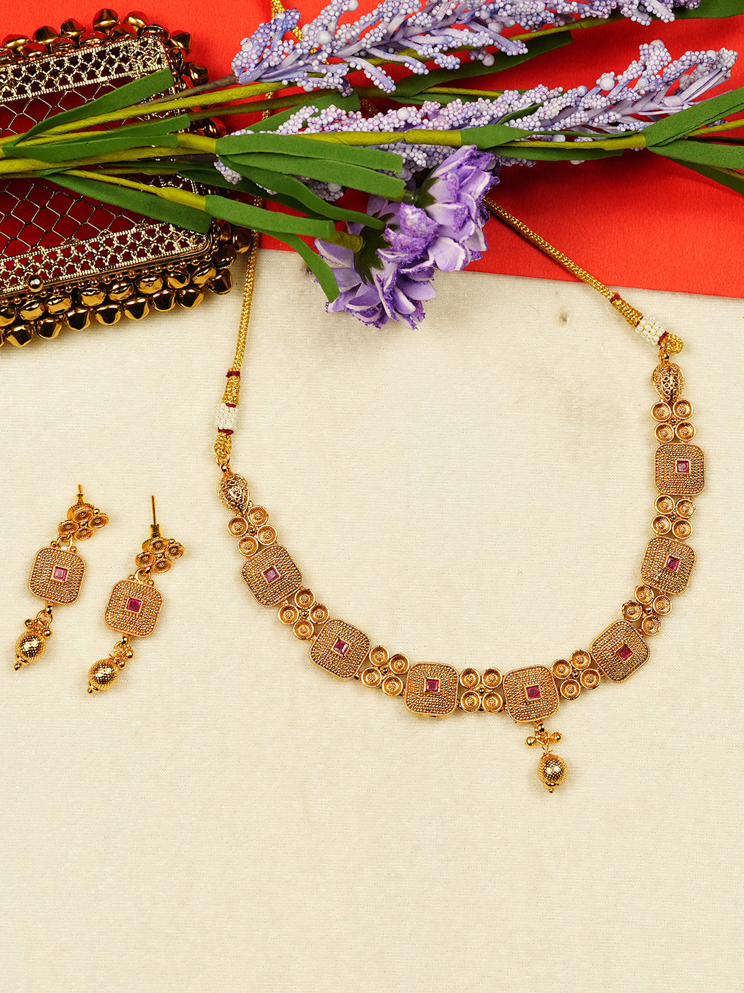 Aanura Gold Plated Ruby Grid Necklace Set
