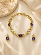 Aanura Gold Link Multicolor Crystal Necklace Set Stainless