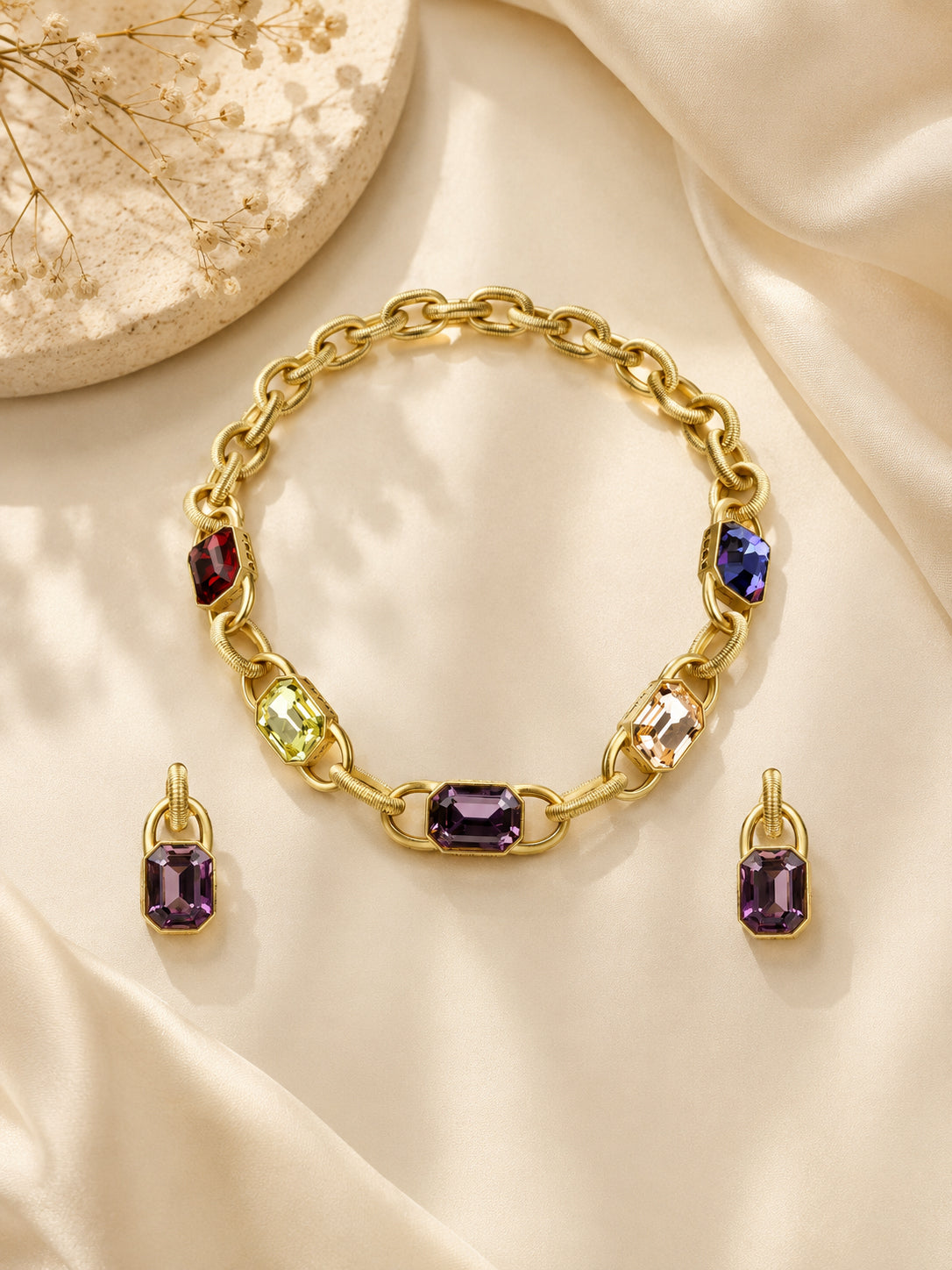 Aanura Gold Link Multicolor Crystal Necklace Set Stainless