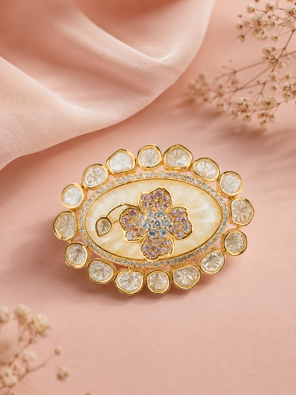 Aanura Gold-Plated Floral Oval Ring with Stones