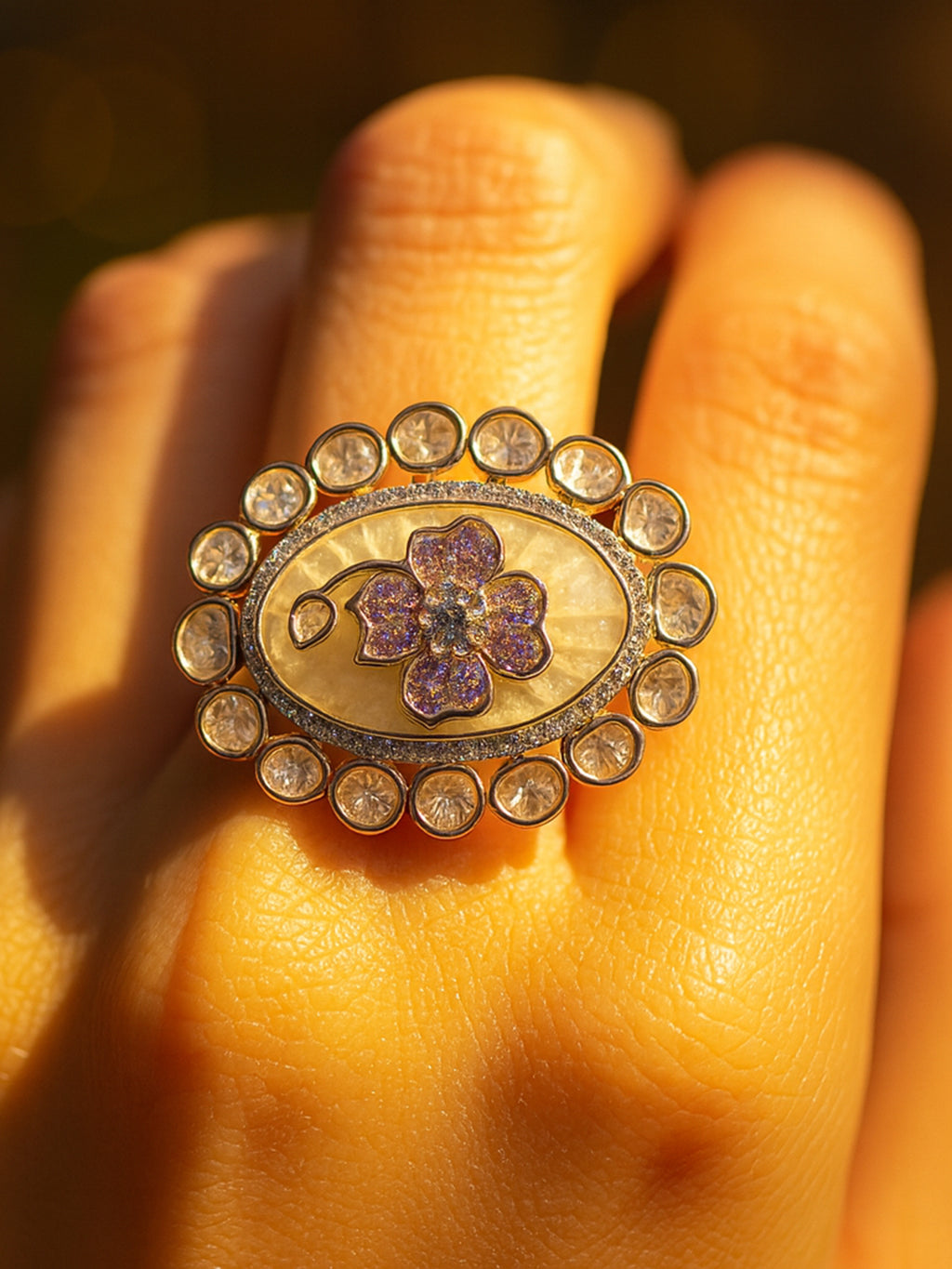 Aanura Gold-Plated Floral Oval Ring with Stones
