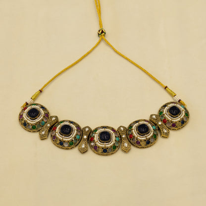 Aanura Navratna Choker Necklace with Green Center Stones