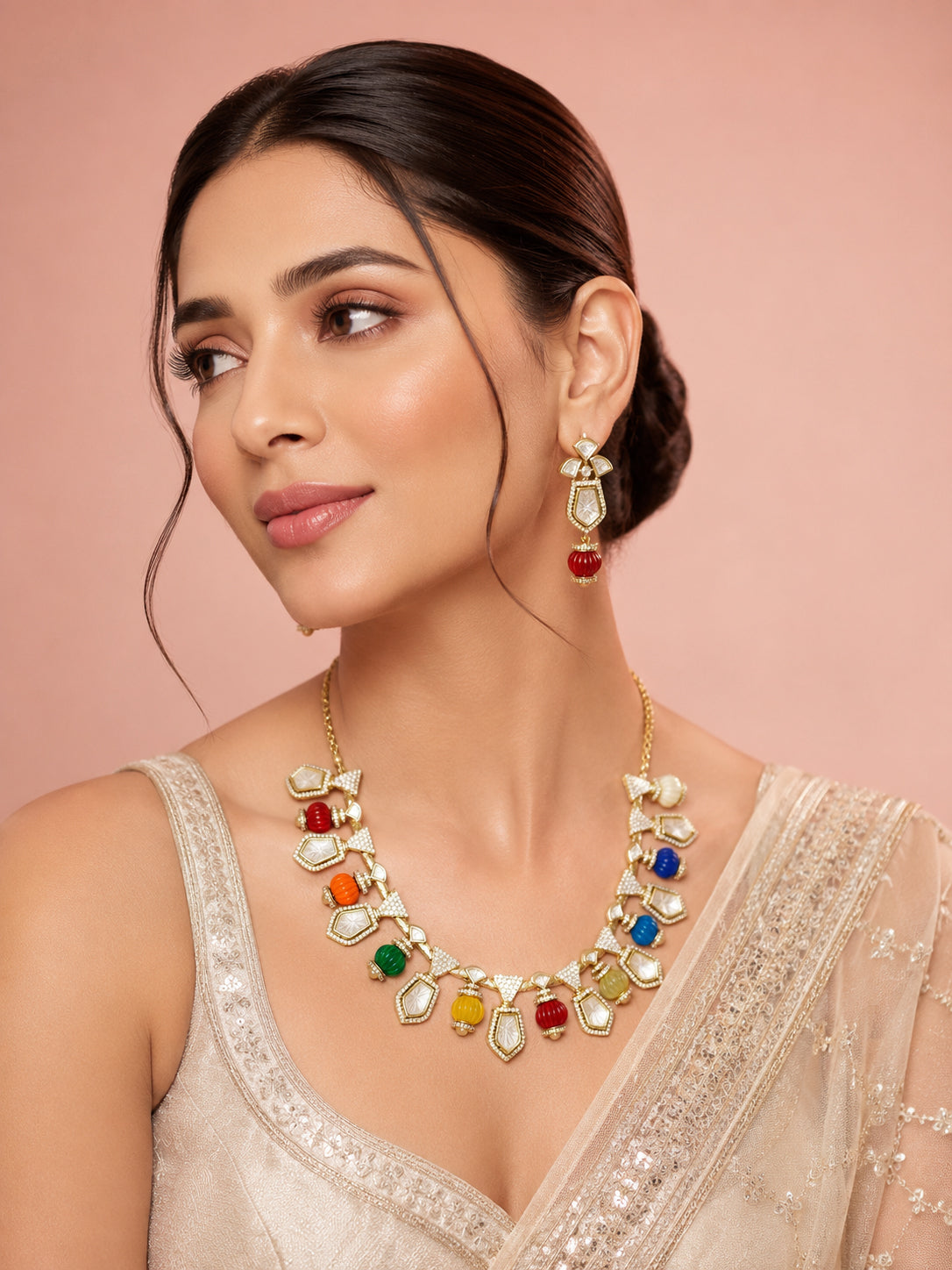 Aanura Gold-Plated Navratna Necklace & Earrings