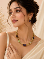 Aanura Gold Link Multicolor Crystal Necklace Set Stainless