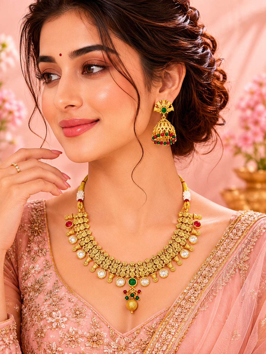 Aanura Gold-Plated Kundan Necklace & Earrings Set