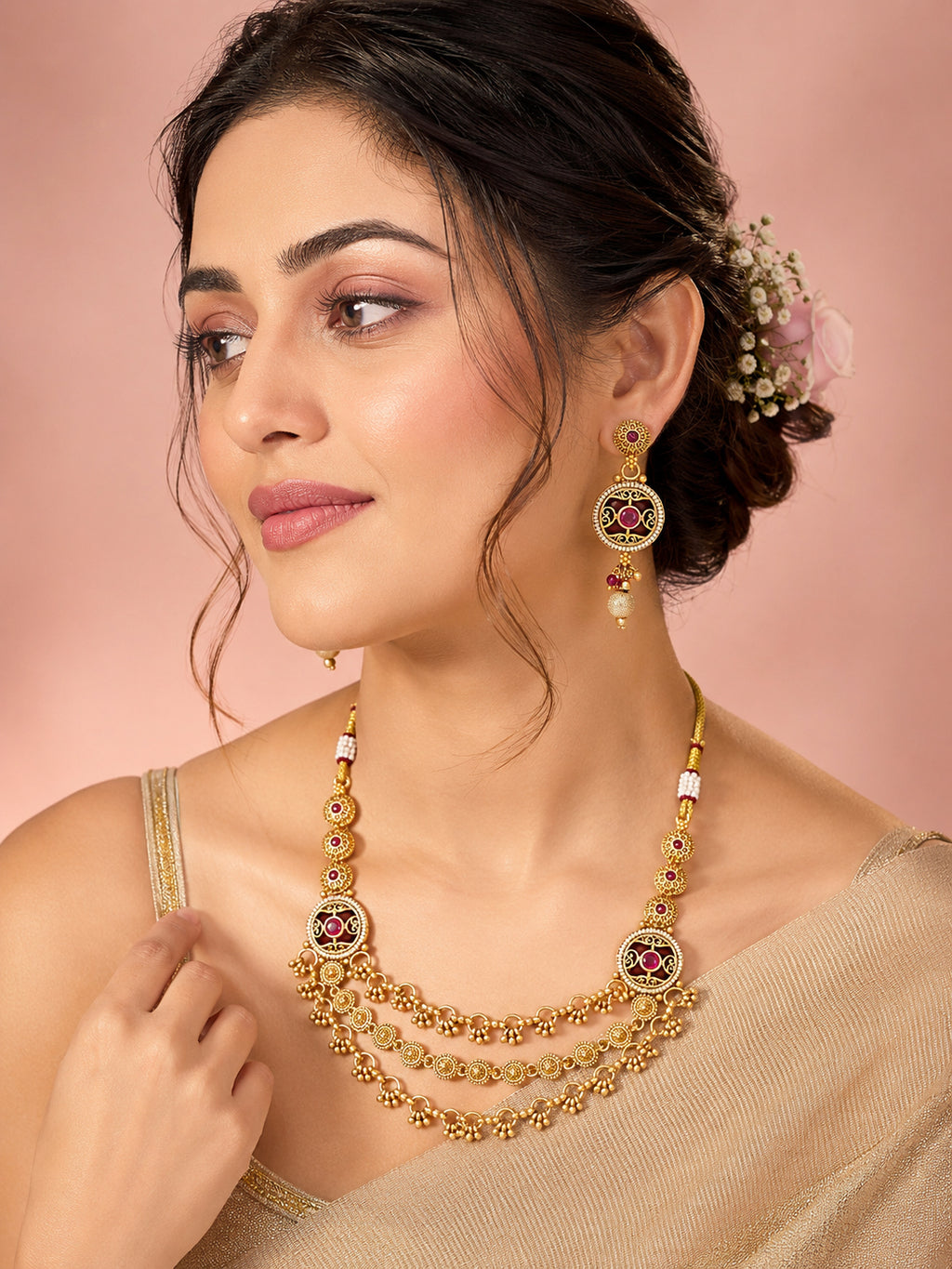 Aanura Gold-Plated Layered Necklace & Earrings Set