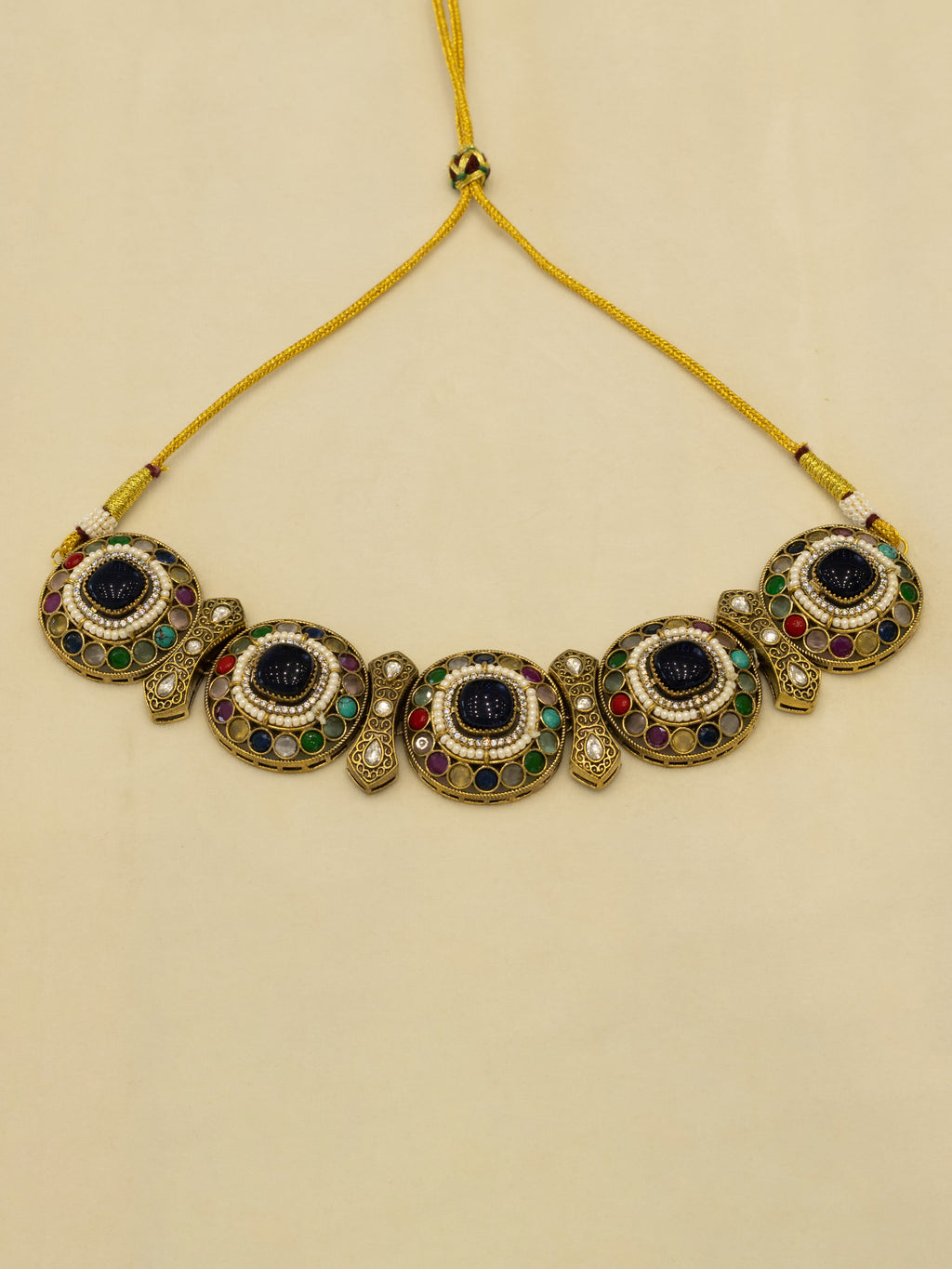 Aanura Navratna Choker Necklace with Green Center Stones