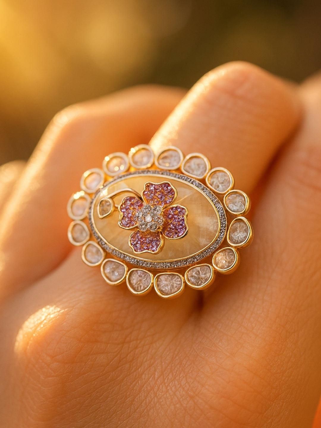 Aanura Gold-Plated Floral Oval Ring with Stones
