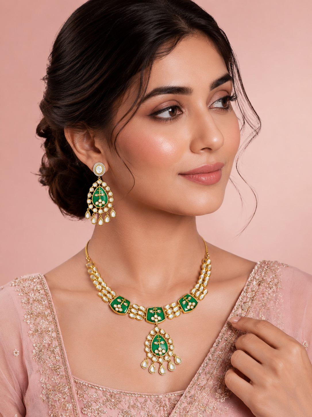 Aanura Green Kundan Pendant Necklace & Earrings Set