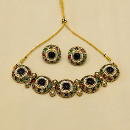 Aanura Navratna Choker Necklace with Green Center Stones