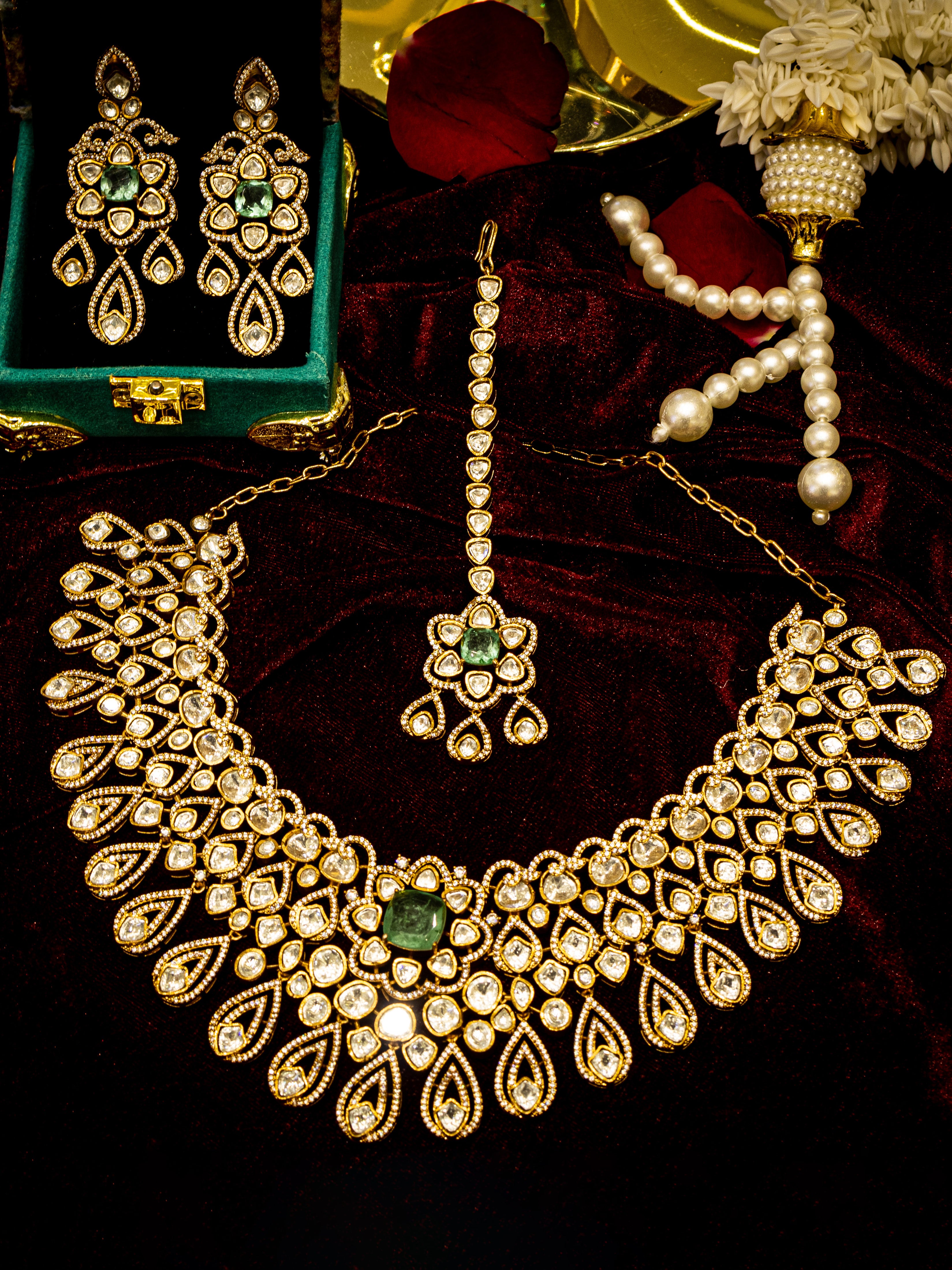 Aanura Bridal Emerald Kundan Necklace with Tikka Set