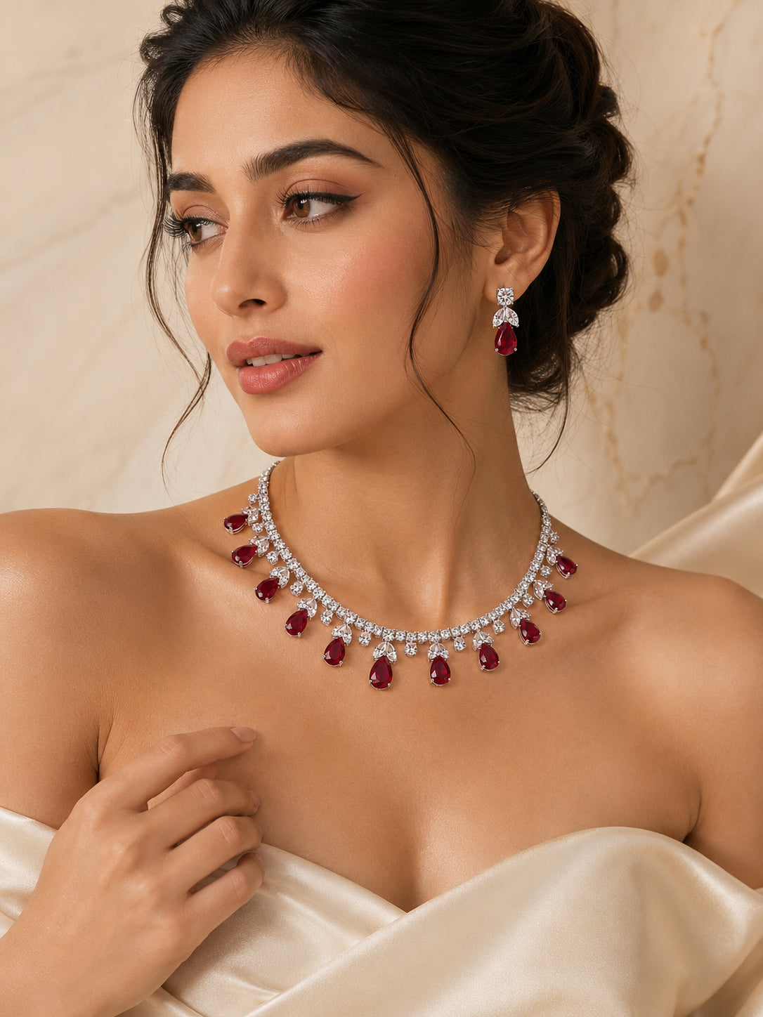 Aanura Purple Teardrop Crystal Necklace Set with Earrings