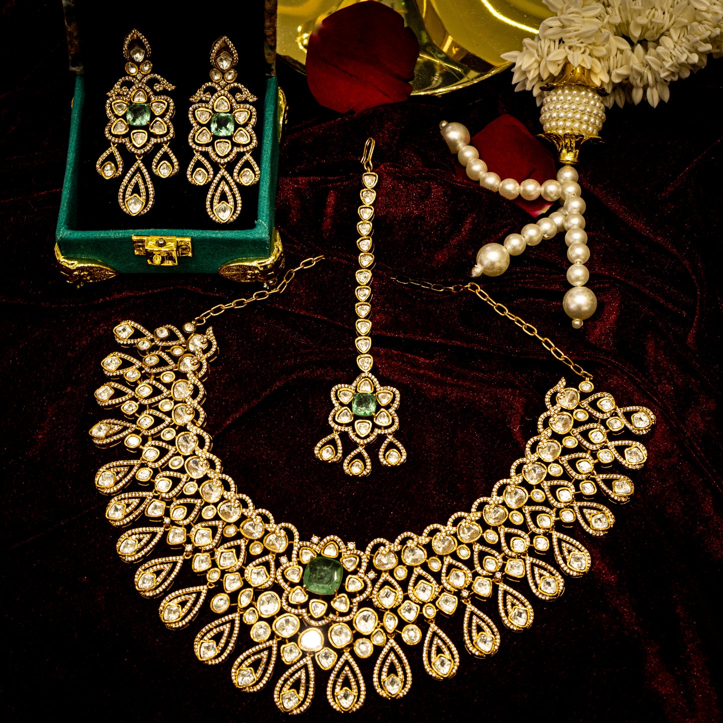 Aanura Bridal Emerald Kundan Necklace with Tikka Set