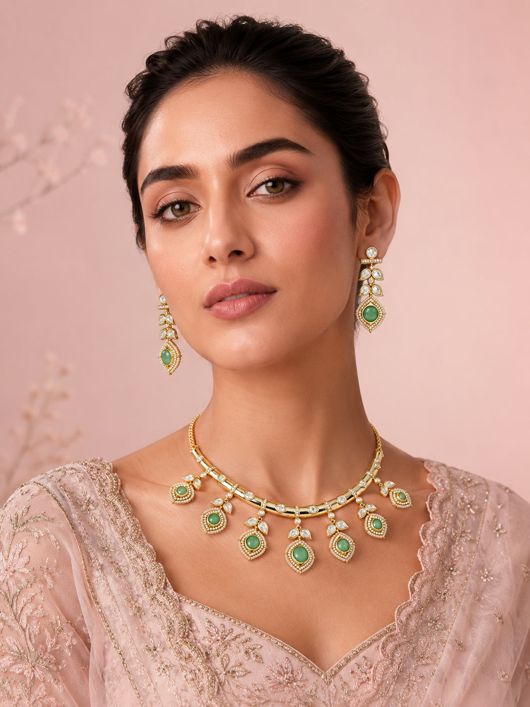 Aanura Peacock Green Kundan Necklace & Earrings Set