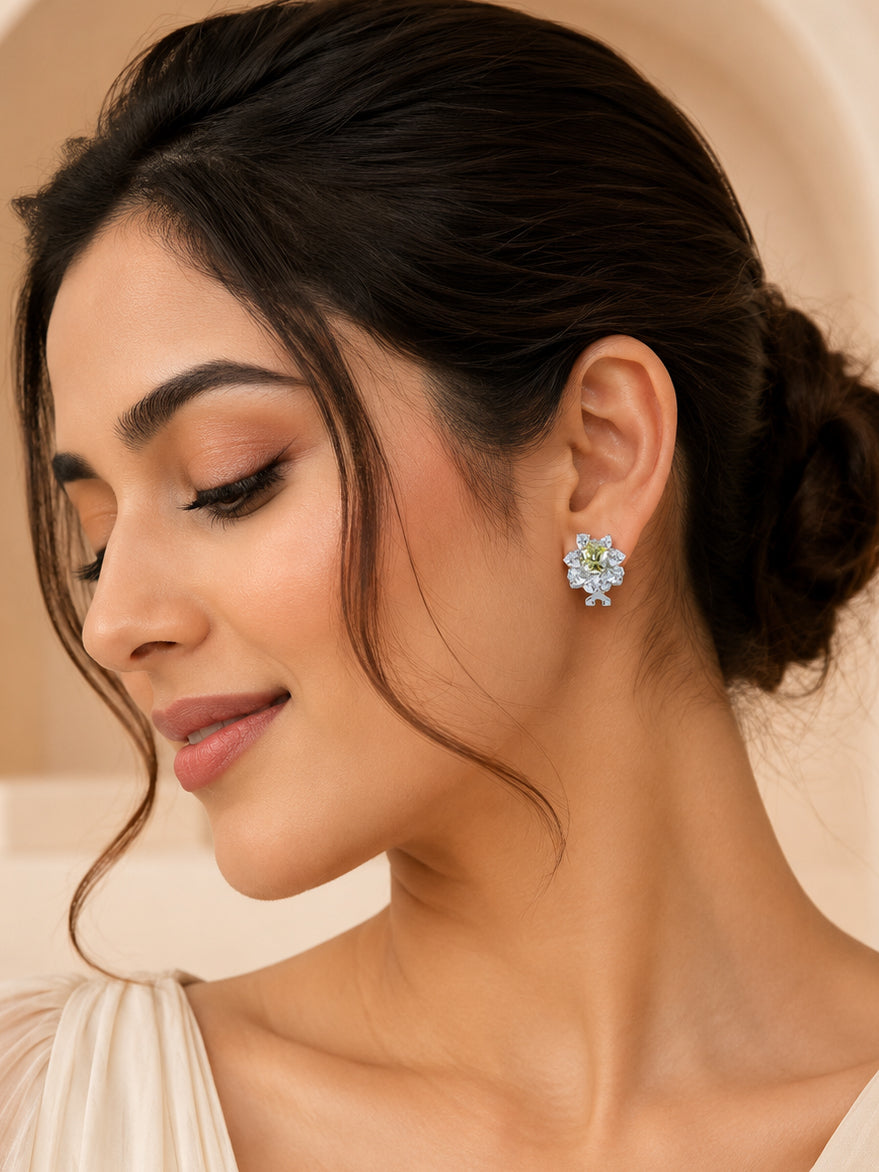 Aanura Red Gemstone Floral Halo Stud Earrings