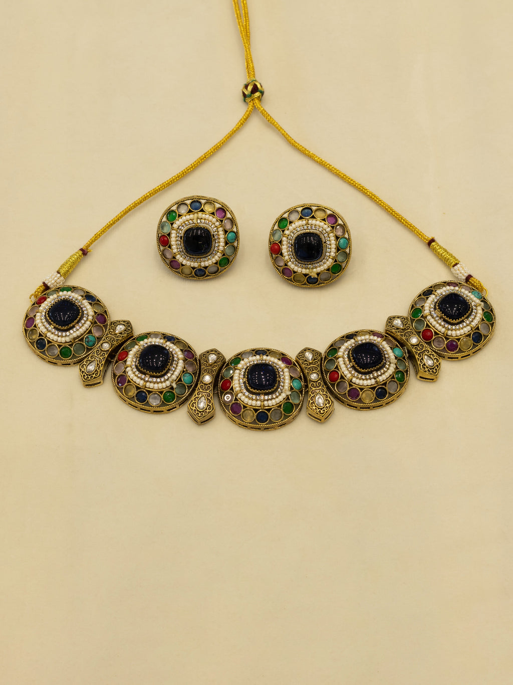 Aanura Navratna Choker Necklace with Green Center Stones