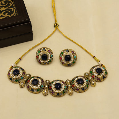 Aanura Navratna Choker Necklace with Green Center Stones