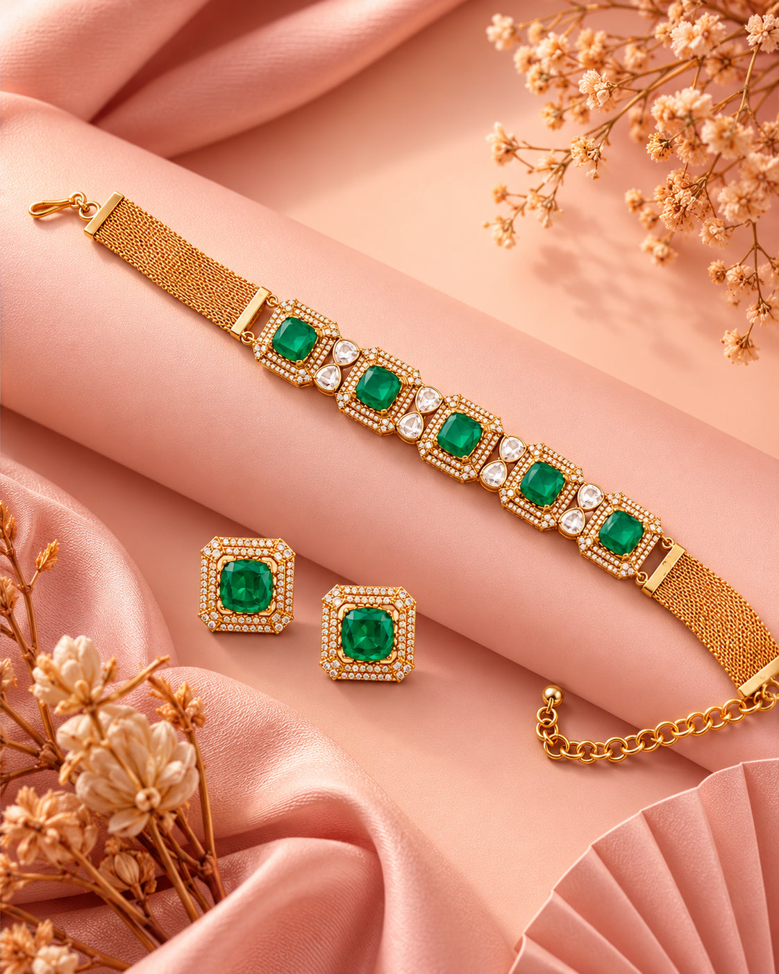 Aanura Green Square-Cut Stone Choker Necklace Set