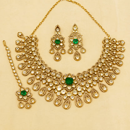 Aanura Bridal Emerald Kundan Necklace with Tikka Set