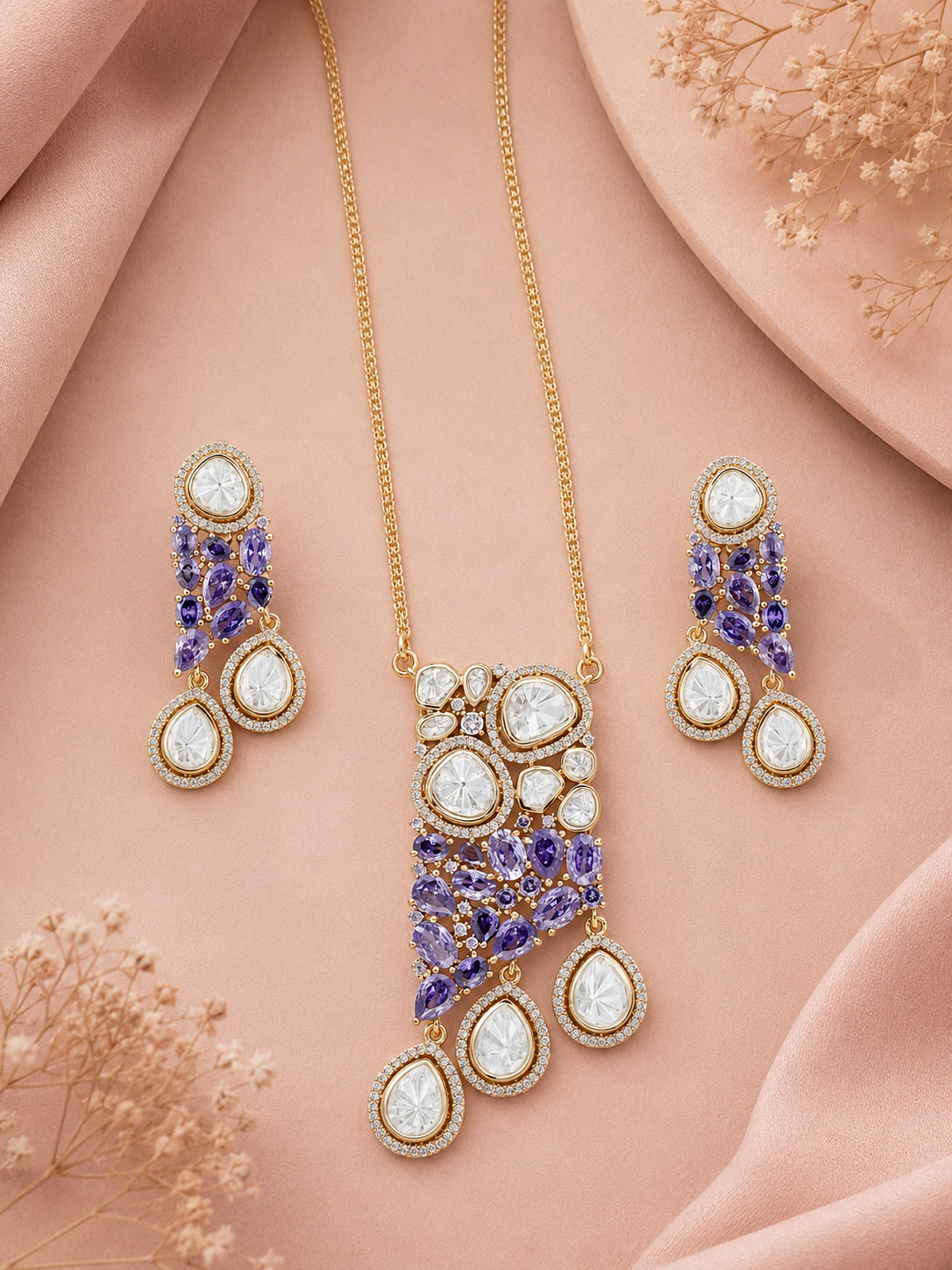 Aanura Ruby & Kundan Long Pendant Necklace Set with Earrings