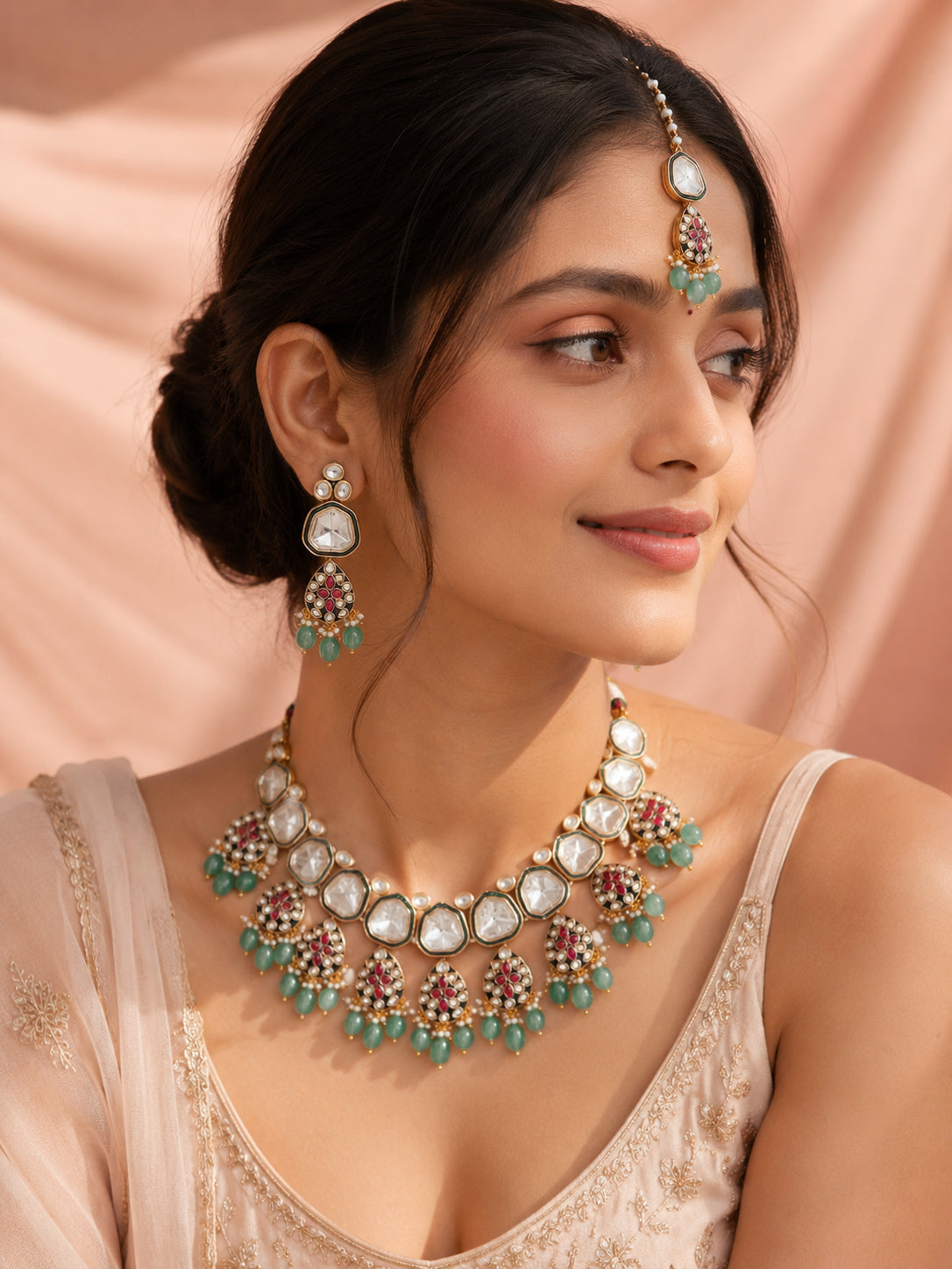 Aanura Gold Traditional Necklace Set With Earrings