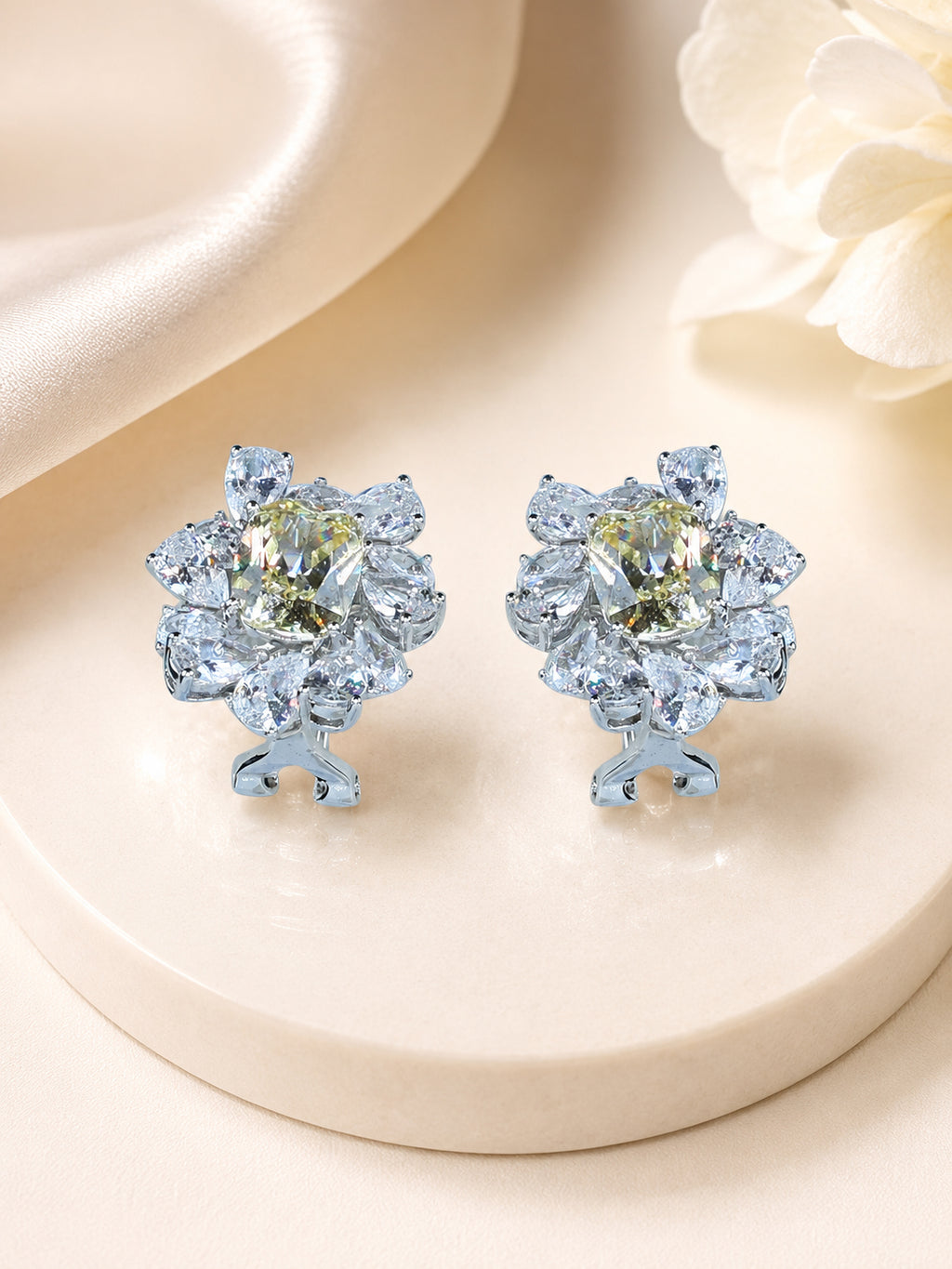 Aanura Red Gemstone Floral Halo Stud Earrings