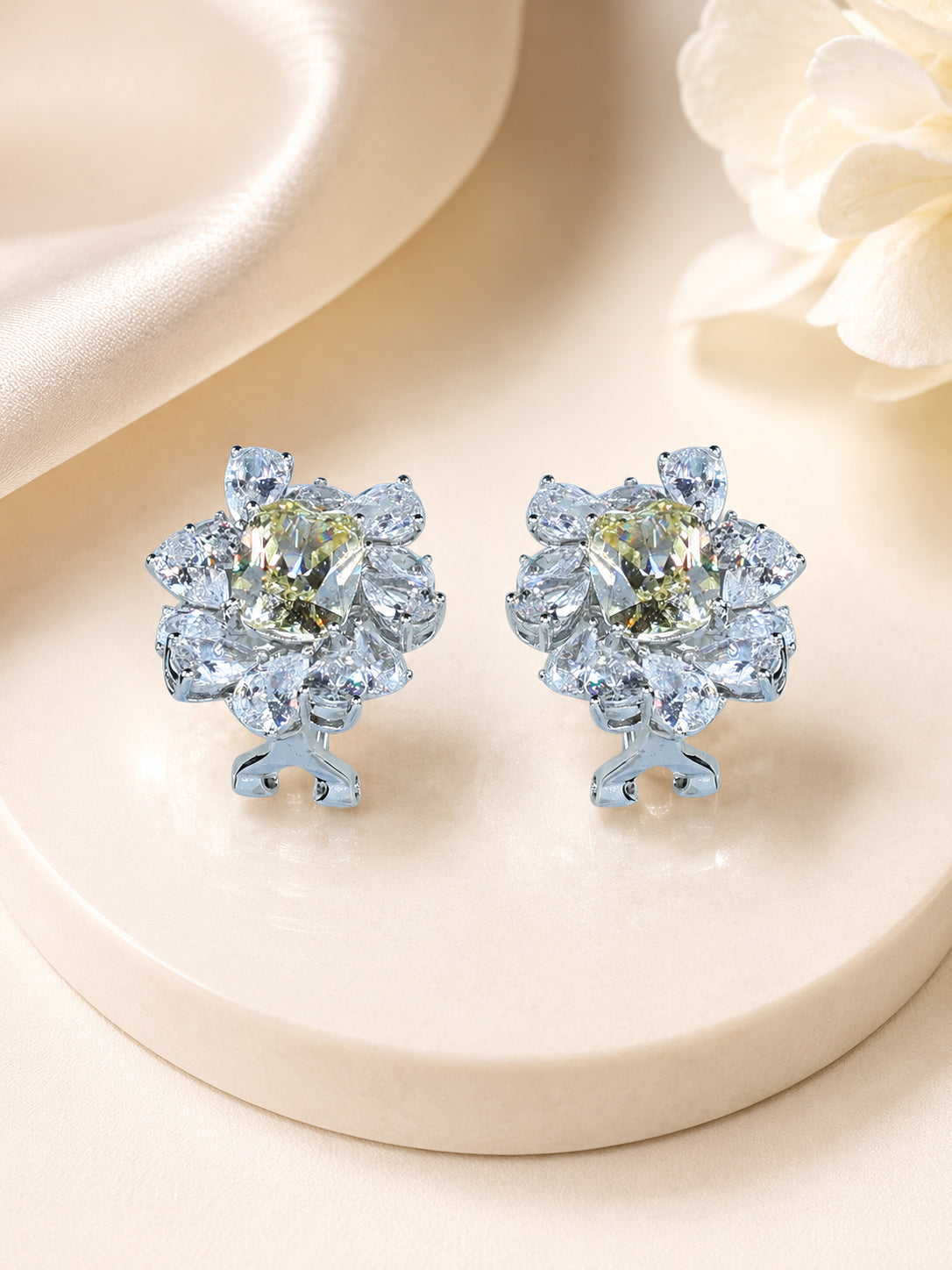 Aanura Red Gemstone Floral Halo Stud Earrings