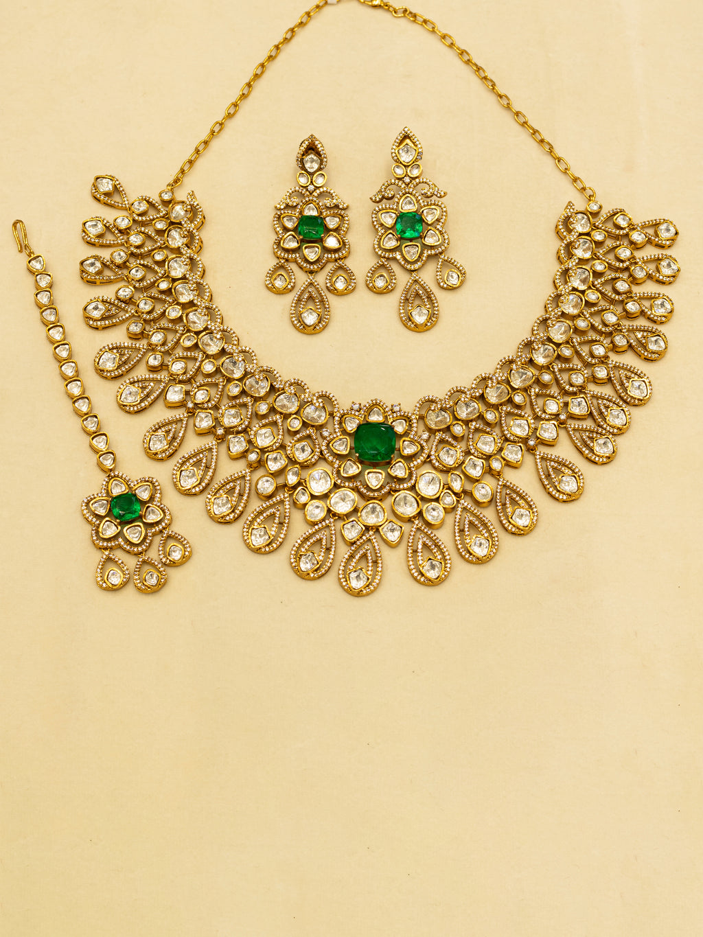 Aanura Bridal Emerald Kundan Necklace with Tikka Set