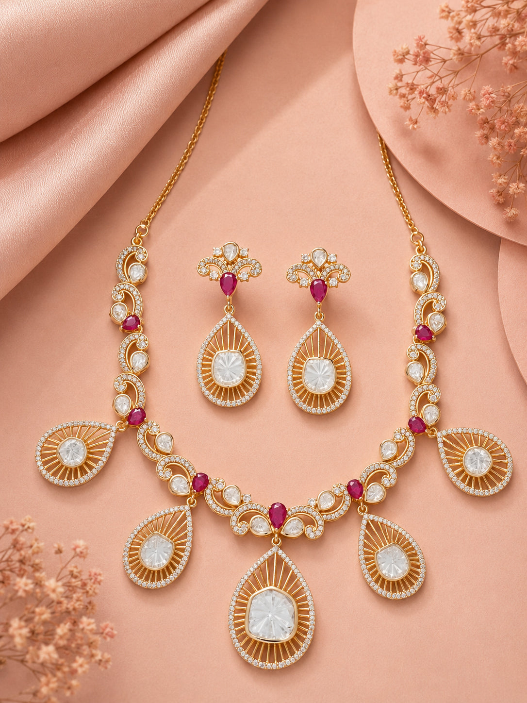 Aanura Pear Drop Necklace & Earrings with Stones