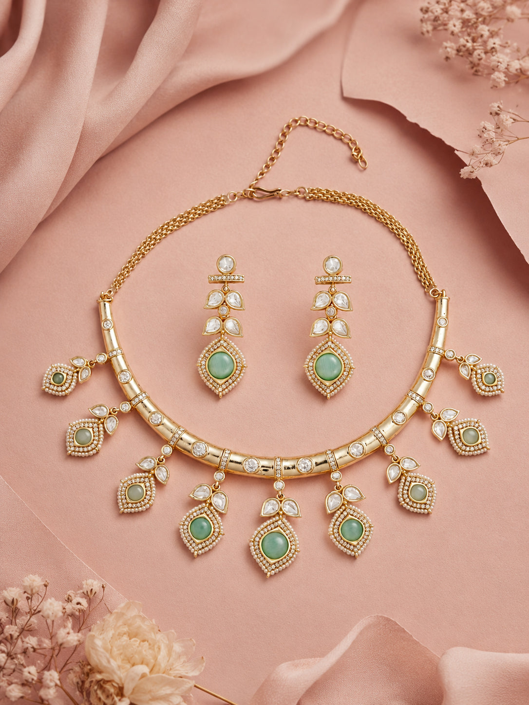Aanura Peacock Green Kundan Necklace & Earrings Set