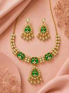 Aanura Green Kundan Pendant Necklace & Earrings Set