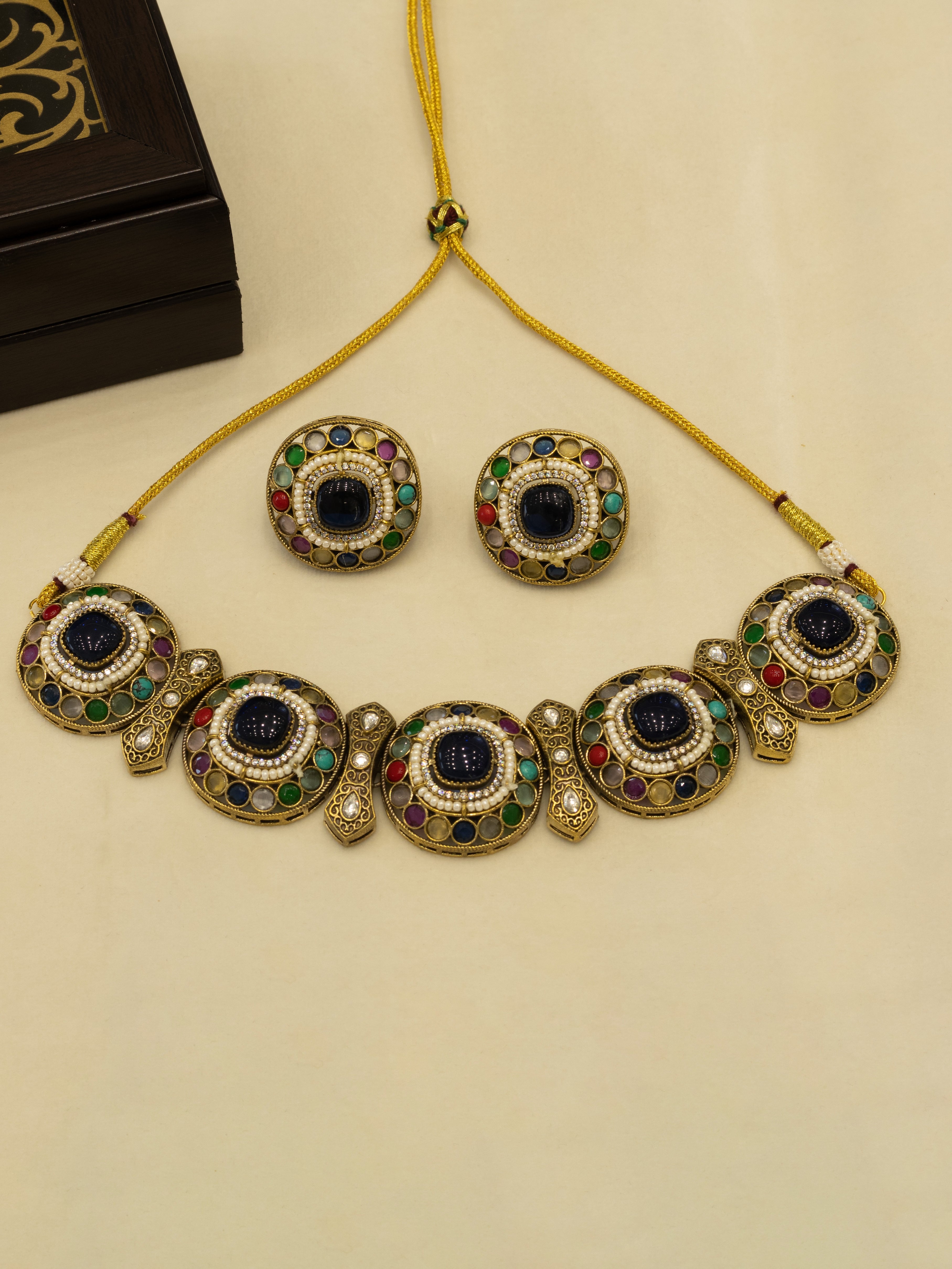 Aanura Navratna Choker Necklace with Green Center Stones