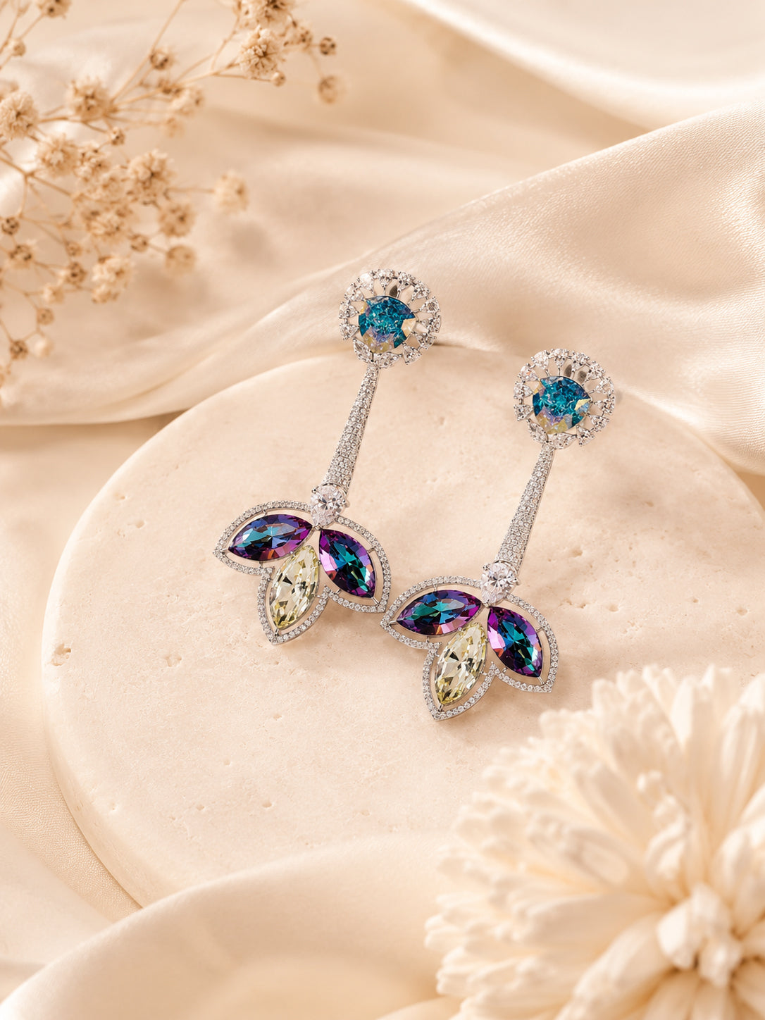 Aanura Iridescent & CZ Floral Dangle Earrings