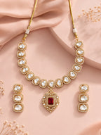 Aanura Kundan Necklace with Pink Stone Heritage Pendant