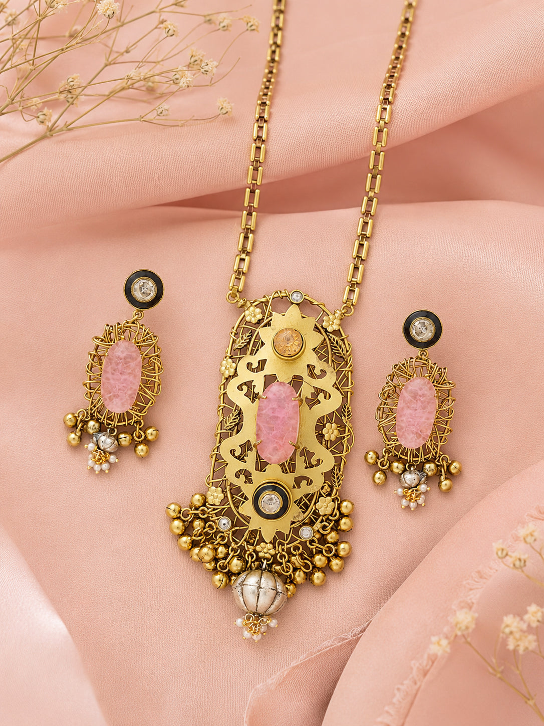 Aanura Pink Stone Antique Pendant Necklace Set