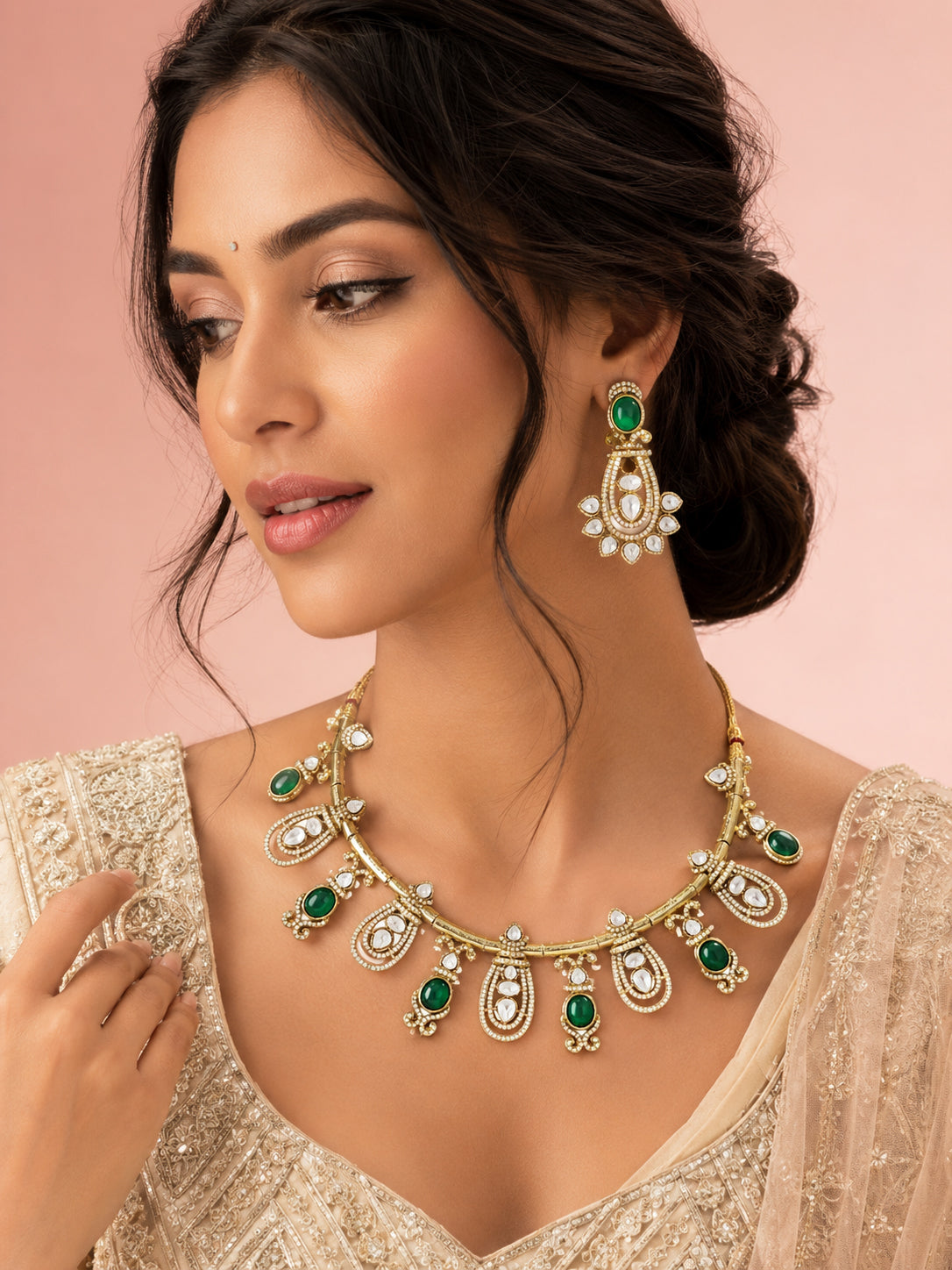 Aanura Kundan Necklace with Olive Green Stone Drops