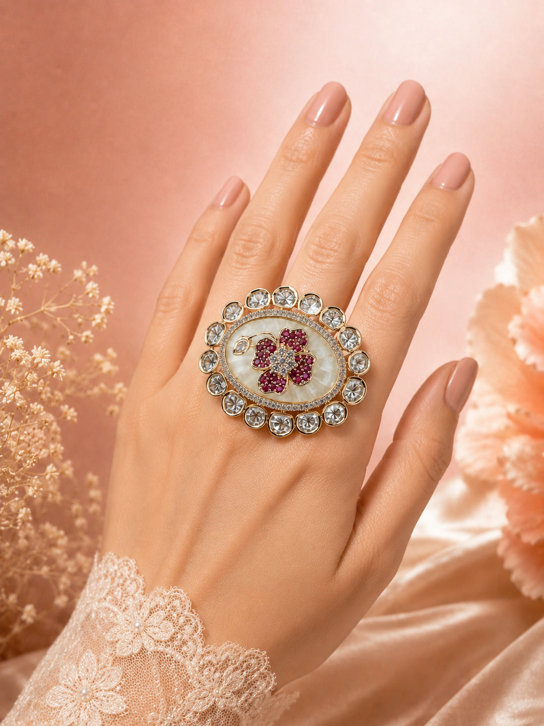 Aanura Gold-Plated Floral Oval Ring with Stones