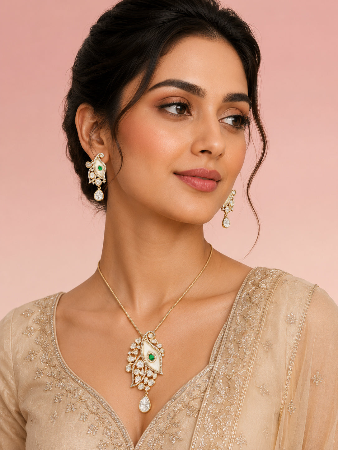 Aanura White Leaf Pendant Necklace & Earrings