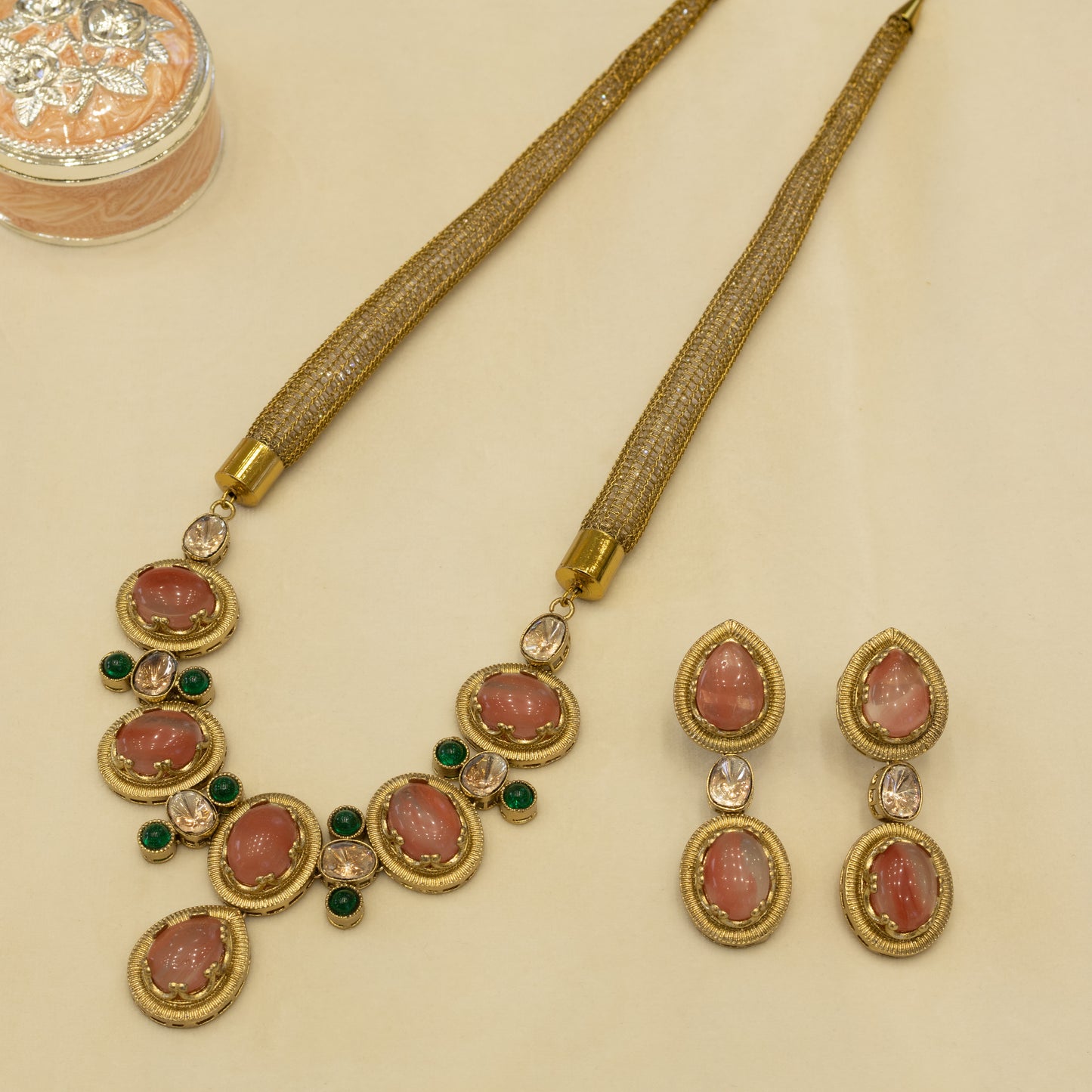 Aanura Red Stone Necklace & Earrings Set