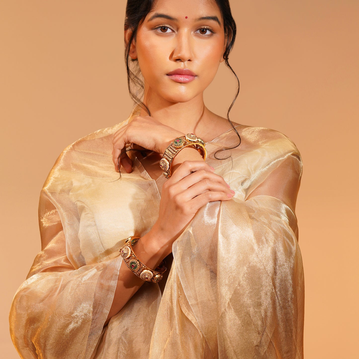 Aanura Gold Plated Antique Motif Stone Bangle