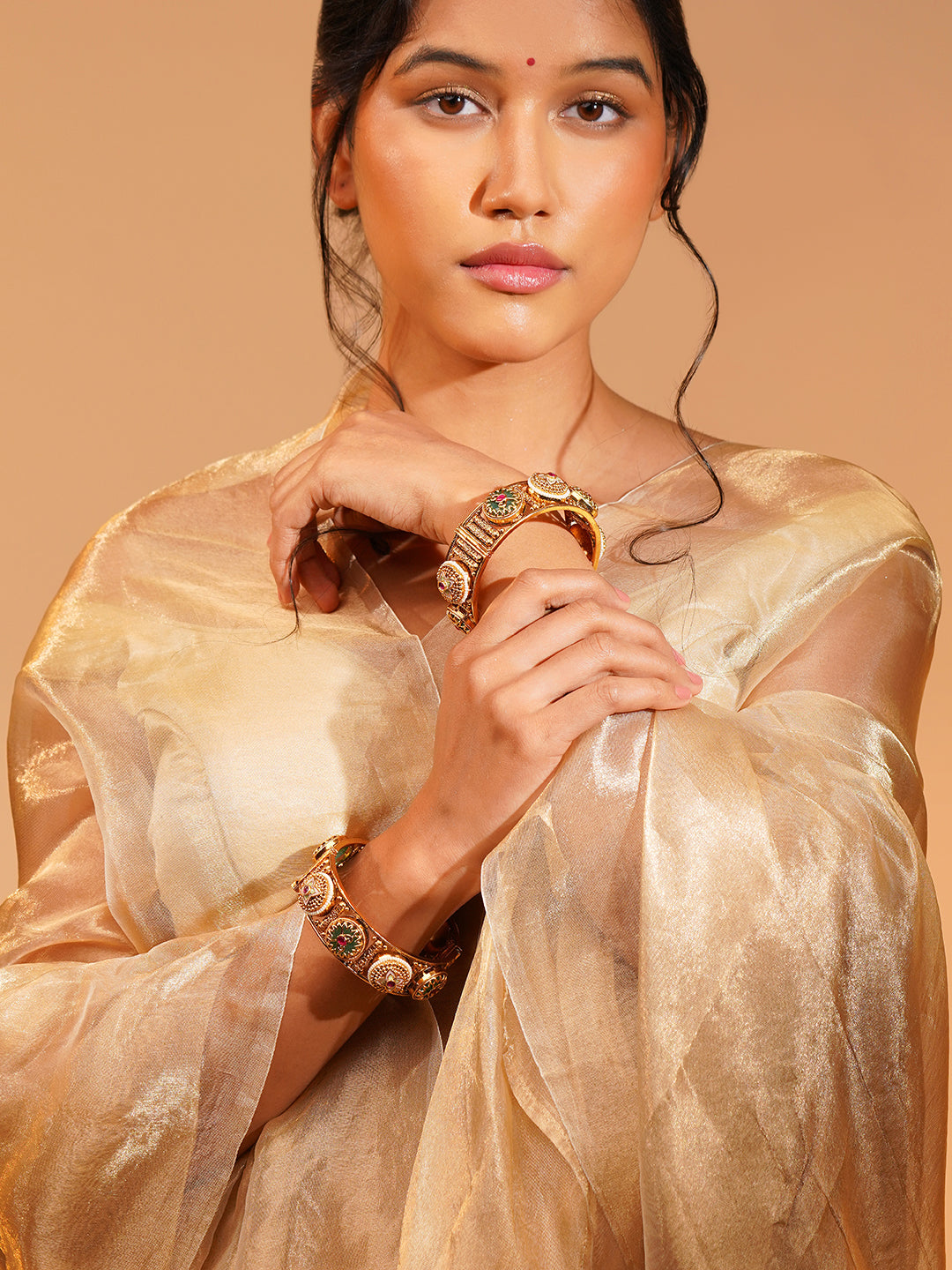 Aanura Gold Plated Antique Motif Stone Bangle