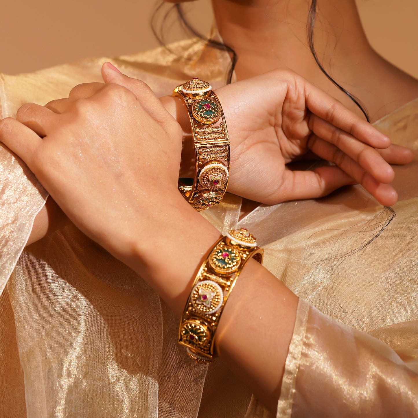 Aanura Gold Plated Antique Motif Stone Bangle