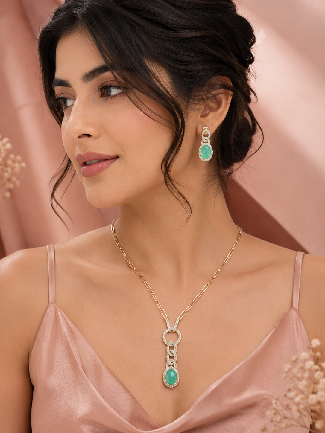 Aanura Red Stone Chain-Link Necklace with Earrings
