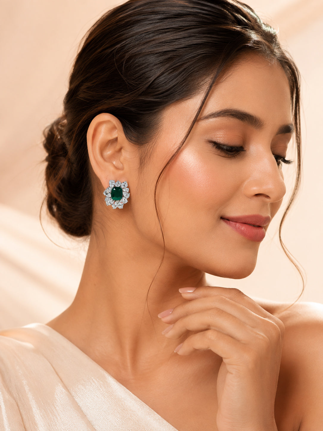 Aanura Red Gemstone Floral Halo Stud Earrings